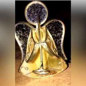 Stained Glass Angel With Trumpet In Gold, Metal and Gold Votive Candle Holder